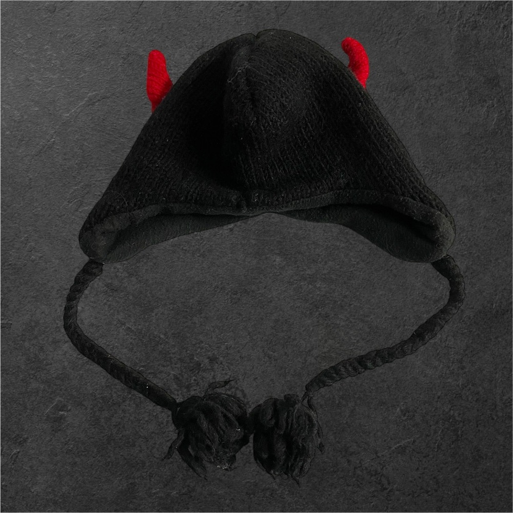 Rising International Black Knitted Devil Horn 100% Woolen Beanie W/ Earflaps